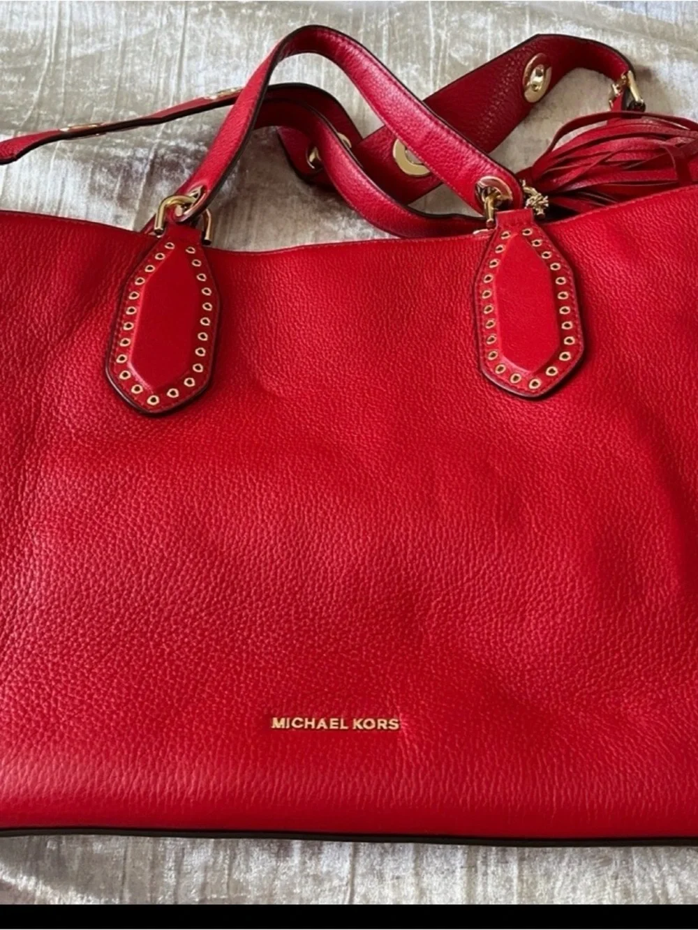 Michael Kors Red Leather Tote with Tassel and Gold Accents - Picture 3 of 9